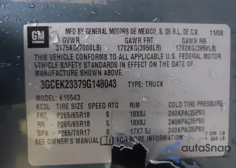 2009 Chevrolet Silverado 1500 Lt из США, поврежденный, VIN 3GCEK23379G148043